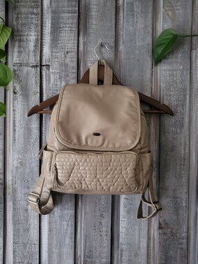 Cargo Quilted Front Flap Faux Leather Backpack - Taupe / Tan